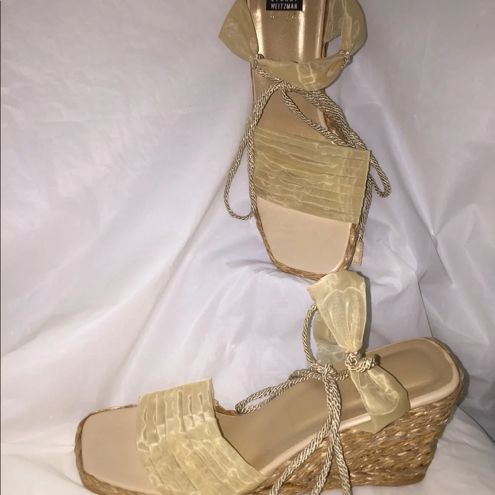 Stuart Weitzman Boho Style Tulle Sheer Ankle strap Wedge Shoe